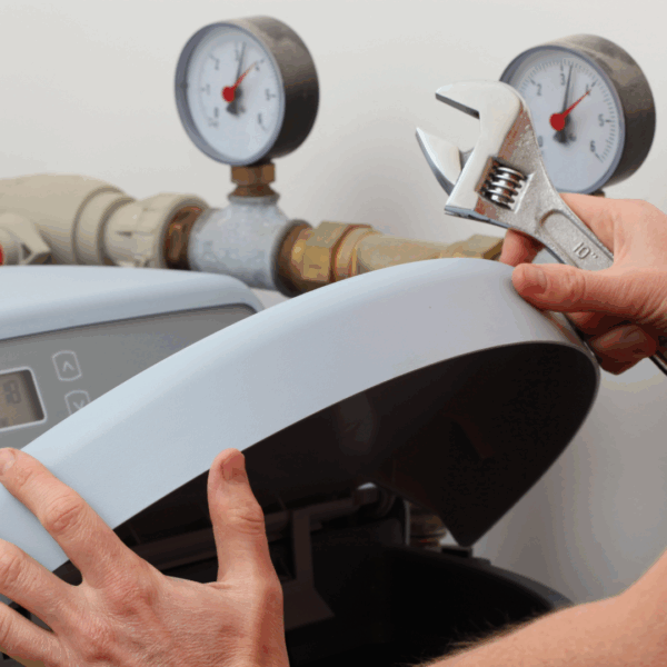 Installation d’un adoucisseur d’eau avec réglage à l’aide d’une clé à molette.